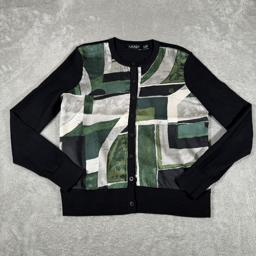 Lauren Ralph Lauren Sweater Cardigan Womens PS Black Geometric Print Button Knit